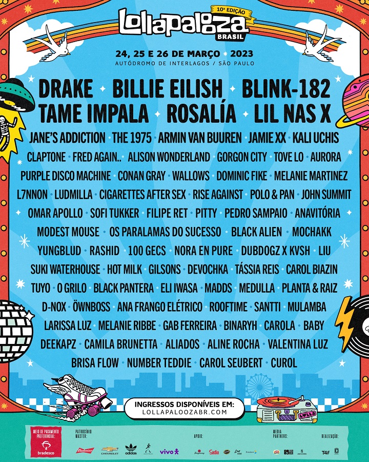 Imagem com fundo azul com todos os artistas que estarão presentes no Lollapalooza Brasil