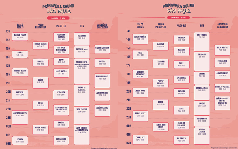 imagem com fundo rosa do lineup do festival com divisão por palco