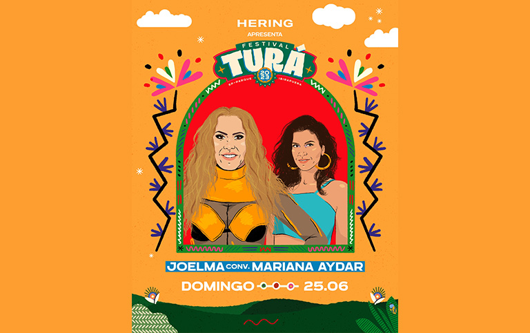 Ilustração colorida de Joelma e Mariana Aydar e Festival Turá 2023