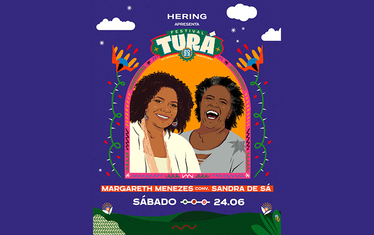 Ilustração colorida de Margareth Menezes e Sandra de Sá e Festival Turá 2023