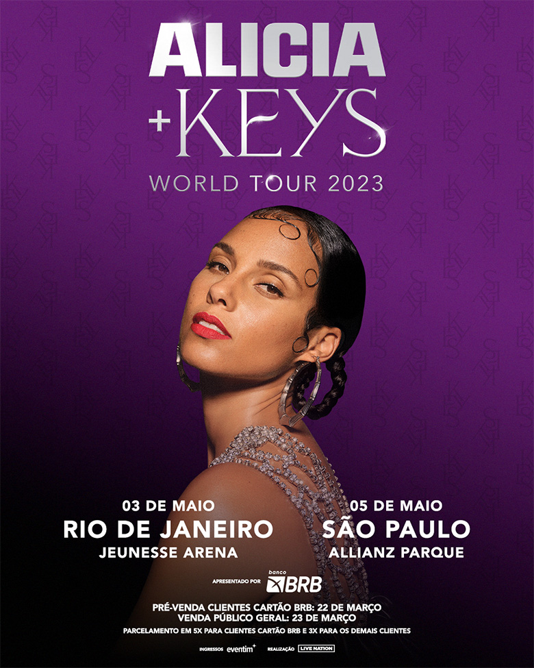 Banner colorido com foto de Alicia Keys para divulgação de turnê pela America Latina 