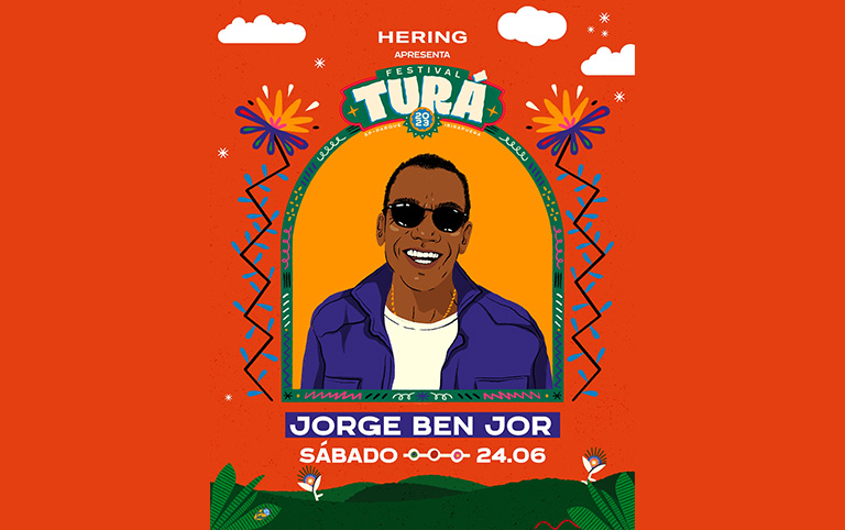 ilustração colorida do Festival Turá 2023 com a imagem de Jorge Ben Jor