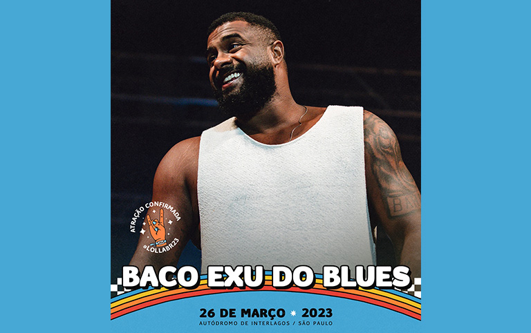 Ilustração colorida com a foto de Baco Exu do Blues para Lollapalooza Brasil 2023