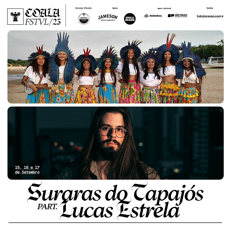 Montagem colorida Suraras dos Tapajós e Lucas Estrela para o Festival Coala 2023