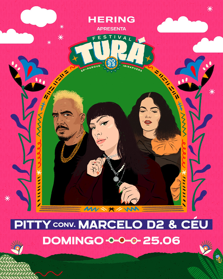 Ilustração colorida com Marcelo D2, Pitty e Céu por Festival Turá 2023