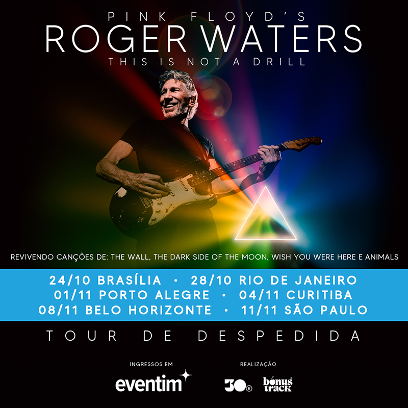 Ilustração colorida da turnê de despedida de Roger Waters no Brasil com informações dos shows 