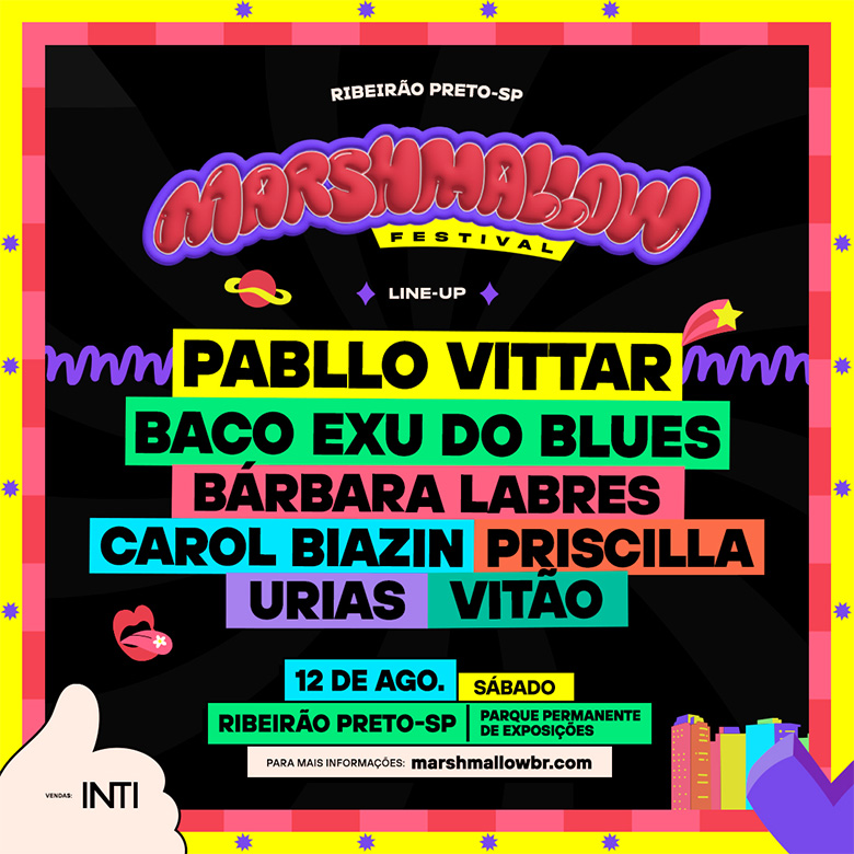 Ilustração colorida do banner de divulgação do Marshmallow Festival 2023 Ribeirão Preto - SP