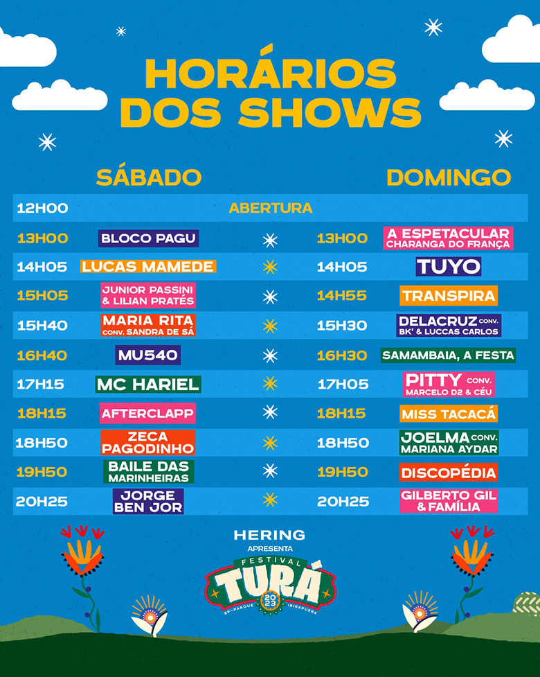 Ilustração colorida do lineup do Festival Turá 2023 - Divulgação