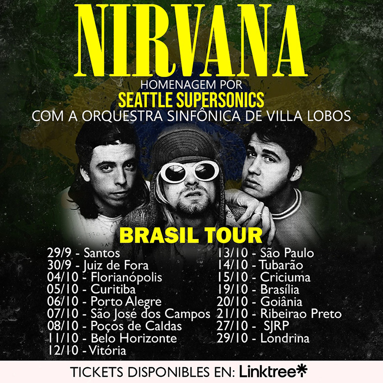 Ilustração colorida da imagem de divulgação da tour do Seattle Supersonics - Tributo ao Nirvana