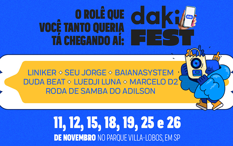 Ilustração colorida do festival daki fest com lineup dos artistas participantes - divulgação Mangolab