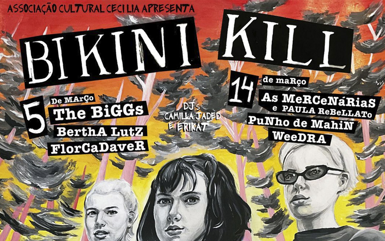 Ilustração colorida do show da banda Bikini Kill - Divulgação Associação Cultural Cecília - Audio