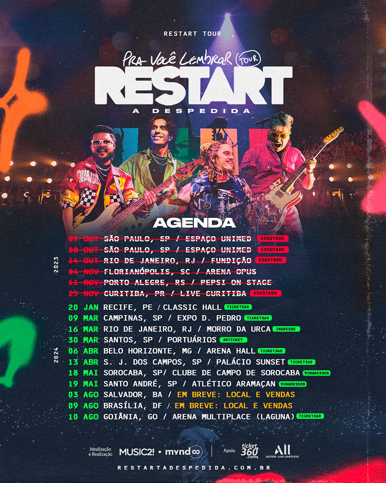 Ilustração colorida de divulgação da turnê de despedida da banda Restart