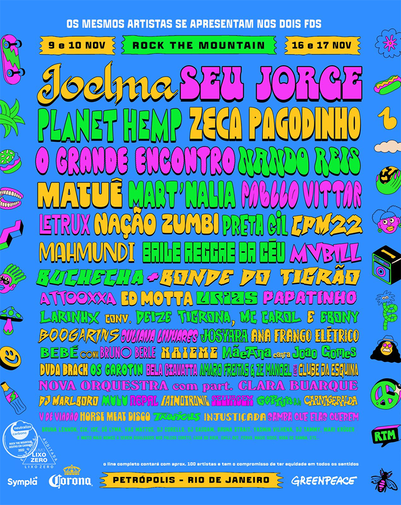 Ilustração colorida com lineup do Festival Rock The Mountain 2024 - Divulgação