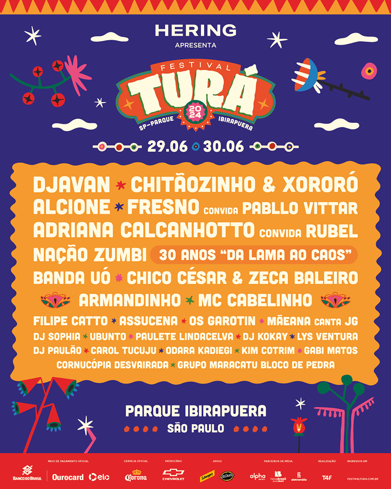 Ilustração colorida do lineup do festival Turá 2024 em São Paulo - Divulgação de atrações e venda de ingressos