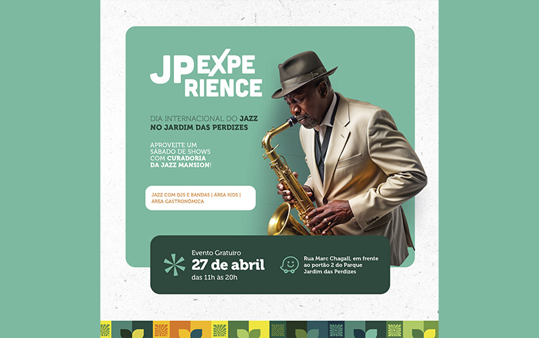 Ilustração colorida de músico tocando sax para divulgação do JP Experience - Jazz no Jardim das Perdizes 