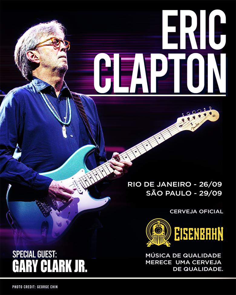 banner colorido da turnê de Eric Clapton no Brasil - patrocínio de Eisenbahn - Divulgação