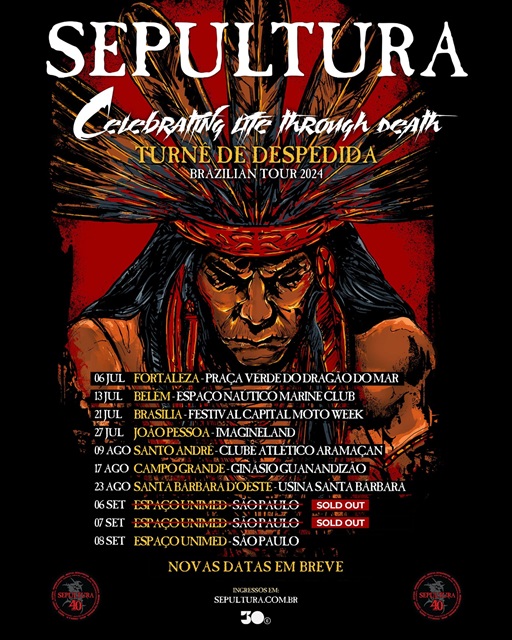 Arte colorida de Sepultura para a turnê de despedida 2024 - novas datas