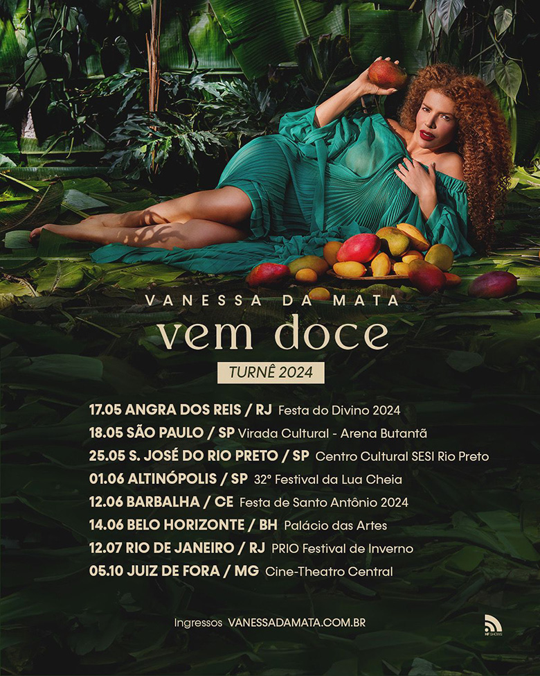 Arte colorida de Vanessa da Mata com datas de shows da turnê 2024 - Vem Doce