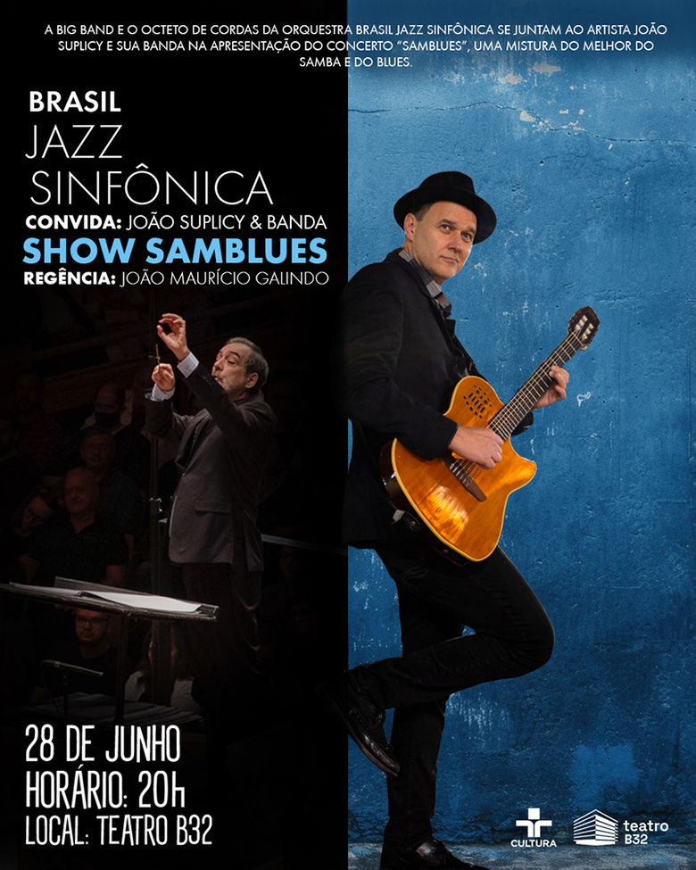 Arte colorida com fotografia colorida de Orquestra Brasil Jazz Sinfônica e João Suplicy - Divulgação Teatro B32 