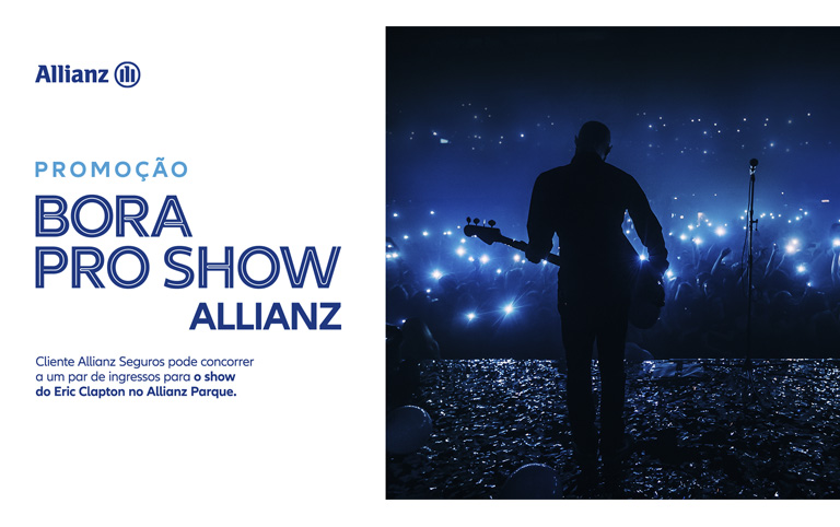 Arte colorida da promoção Bora pro Show - Sorteio de ingressos para o show de Eric Clapton no Allianz Parque - Allianz Seguros