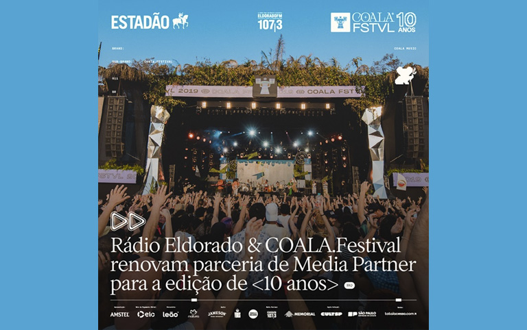 Arte colorida de Coala Festival 10 anos - parceria rádio Eldorado - Divulgação