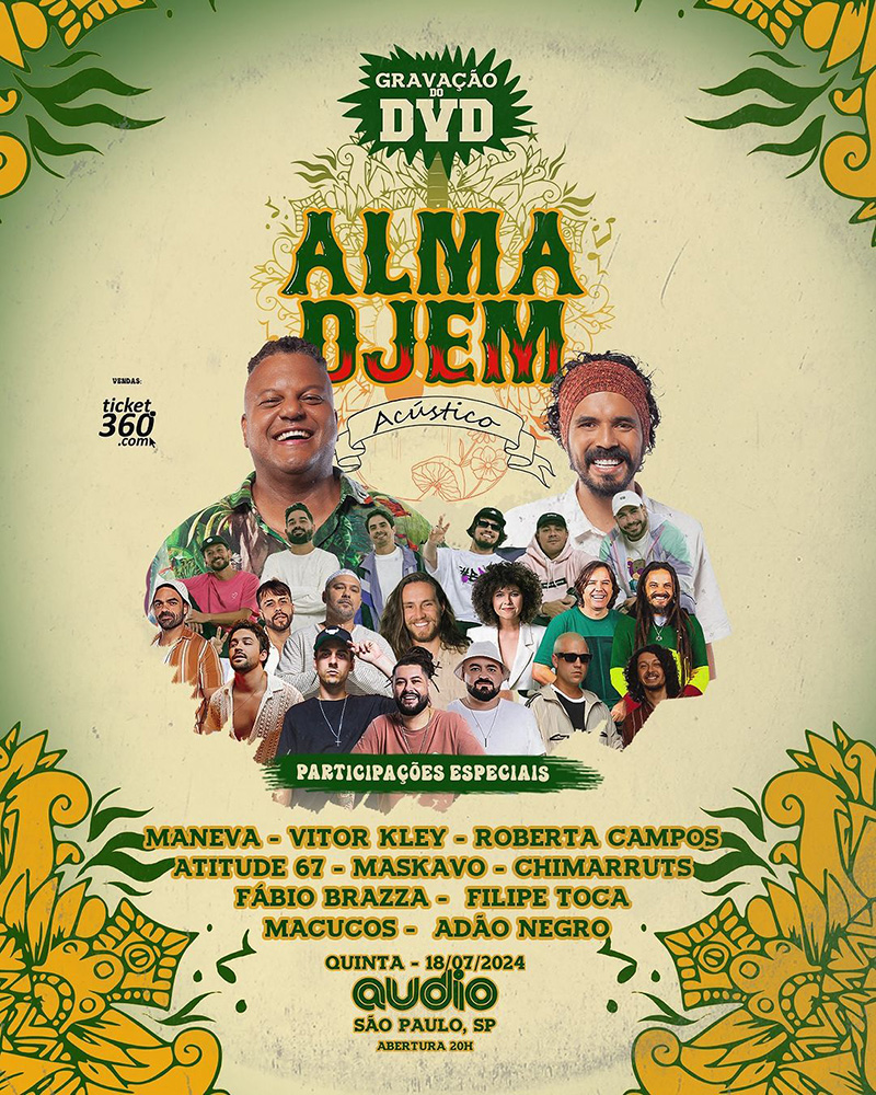 arte colorida do lineup do show de gravação do DVD da banda Alma Djem na Audio em SP - Divulgação