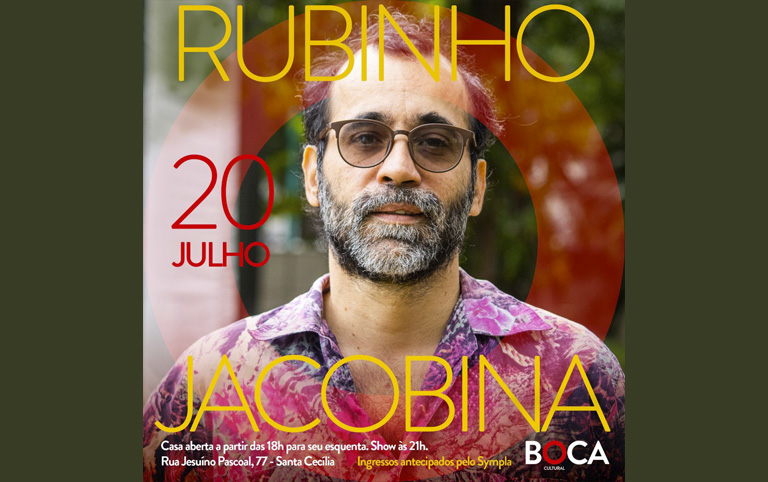 arte colorida com foto de Rubinho Jacobina para show na Boca Cultural