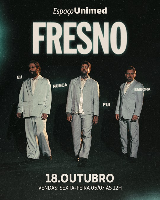 Arte colorida de divulgação do show da banda Fresno - Eu Nunca Fui Embora - no Espaço Unimed em São Paulo