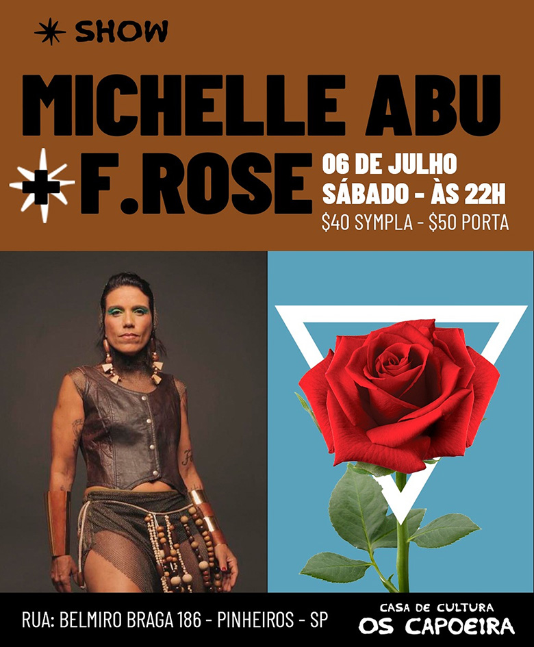 arte colorida com fotografia de Michelle Abu e uma flor representando F Roseno - Casa de Cultura Os Capoeira - Divulgação