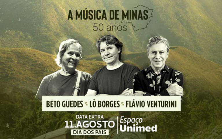 arte colorida de Música de Minas com Beto Guedes, Lô Borges e Flavio Venturini no Espaço Unimed