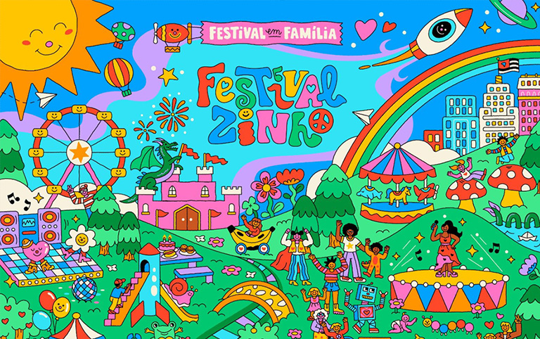 Arte colorida de divulgação do Festivalzinho no Parque Villa Lobos