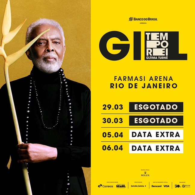 Fotografia colorida com arte de textos e datas do show de Gilberto Gil no Rio de Janeiro para a turnê Tempo Rei - Divulgação