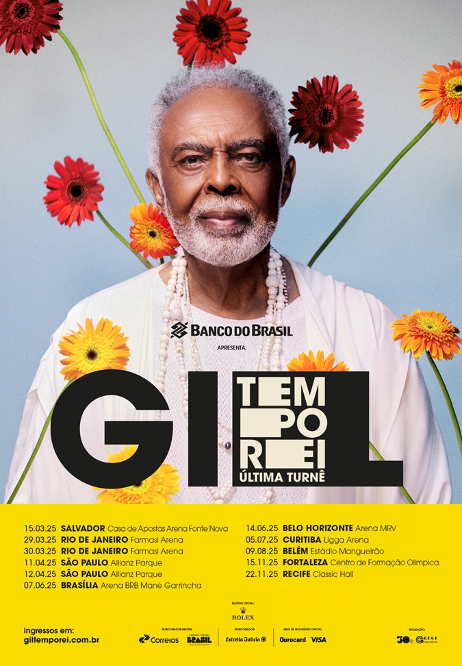 Arte colorida com foto de Gilberto Gil para sua última turnê Tempo Rei em 2025 - Divulgação