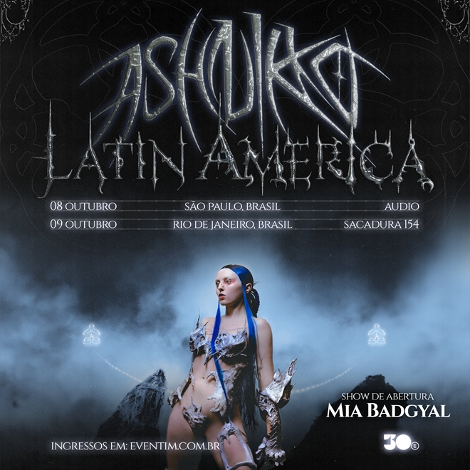 Arte colorida com as datas de show de Ashnikko no Brasil em 2024