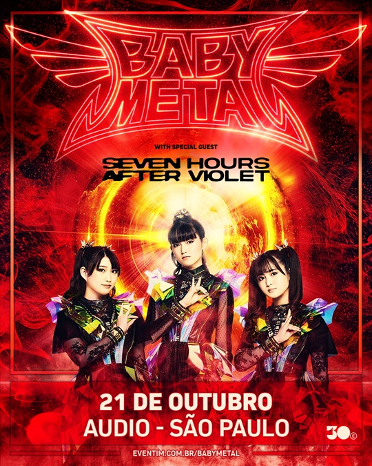 Arte colorida com informações e foto de BABYMETAL sobre show no Knotfest e solo na Audio