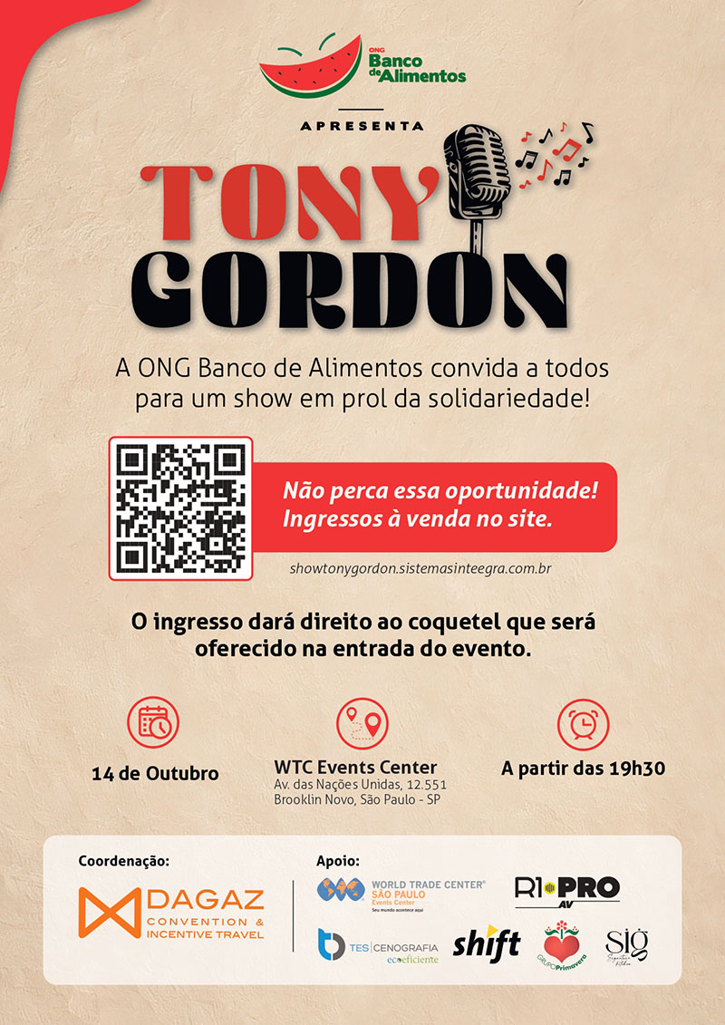 Arte colorida de divulgação do evento beneficente da ONG banco de alimentos com show de Tony Gordon