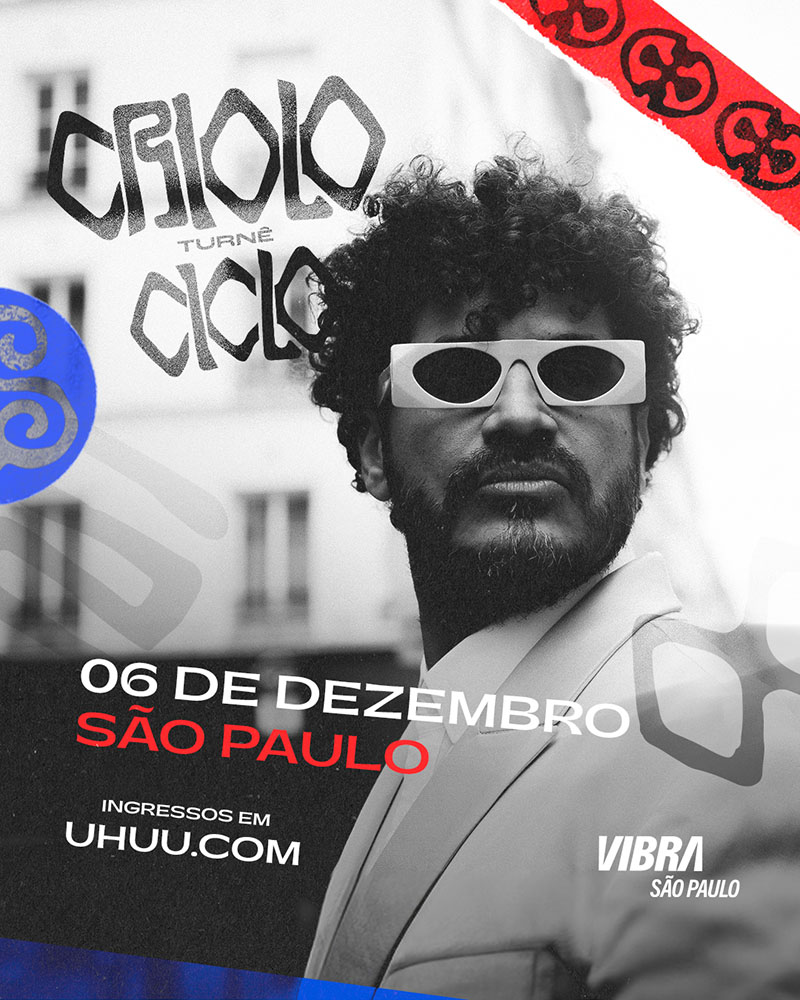 Arte colorida para o show de Criolo no Vibra São Paulo em 6 de dezembro turnê ciclo