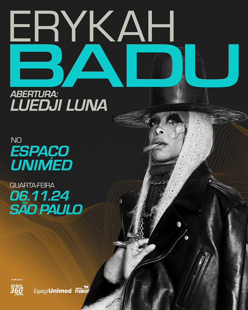 Arte colorida com a foto de Erykah Badu para divulgação do show no espaço unimed com abertura de Luedji Luna