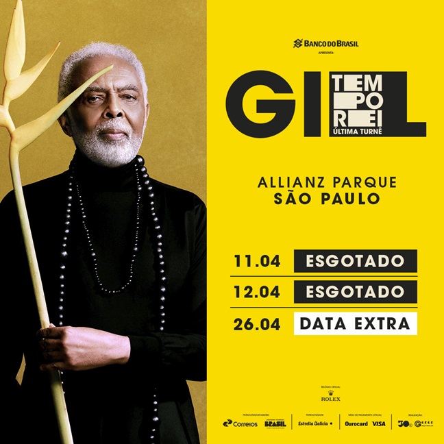 Fotografia colorida com arte de textos e datas do show de Gilberto Gil em São Paulo para a turnê Tempo Rei - Divulgação