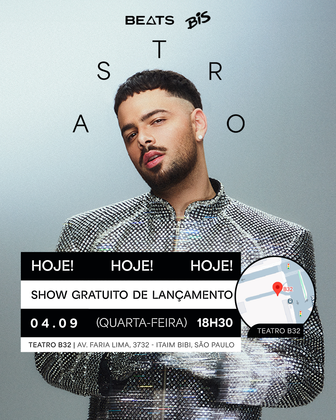 Arte colorida com a foto de Pedro Sampaio para divulgação de show gratuito na Avenida Faria Lima em frente ao teatro B32 - Divulgação - ASTRO