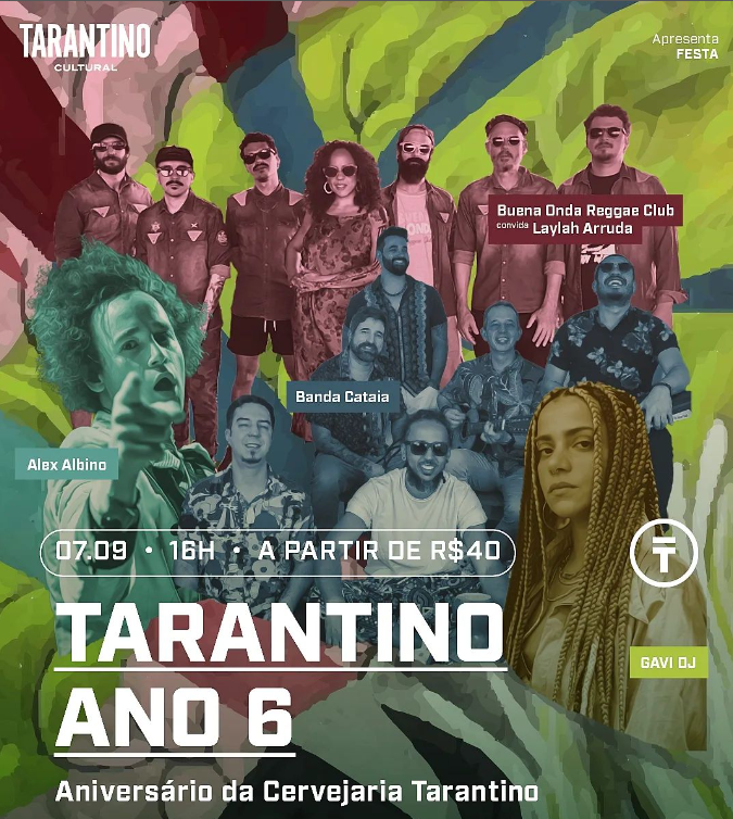 Arte colorida da festa de aniversário de 6 anos da Tarantino Cervejaria - Tarantino Cultural