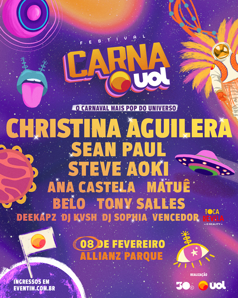 Arte colorida com Line-up do CarnaUOL 2025