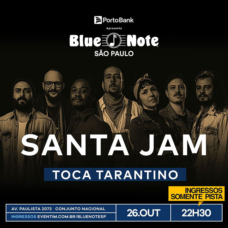 arte colorida com foto de Santa Jam para o show Quentin Tarantino no Blue Note São Paulo