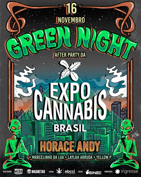 Arte colorida de Green Night - Expo Cannabis Brasil 2024 - After Party com Horace Andy 