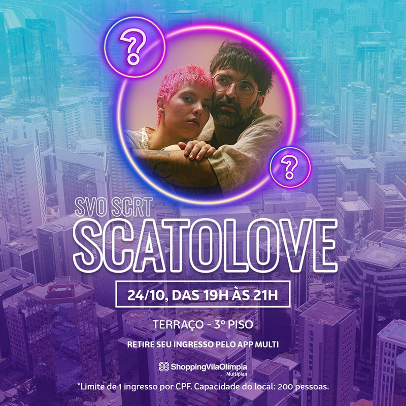 Arte colorida com foto do Duo Scatlove para SVO Secreto do Shopping Vila Olimpia