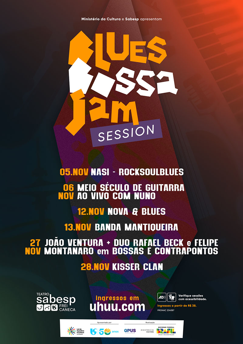 Arte colorida do festival Blues Bossa Jam Session no Teatro Sabesp Frei Caneca