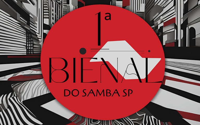 Arte colorida com logo da 1 Bienal do Samba SP - Divulgação Teatro Sergio Cardoso