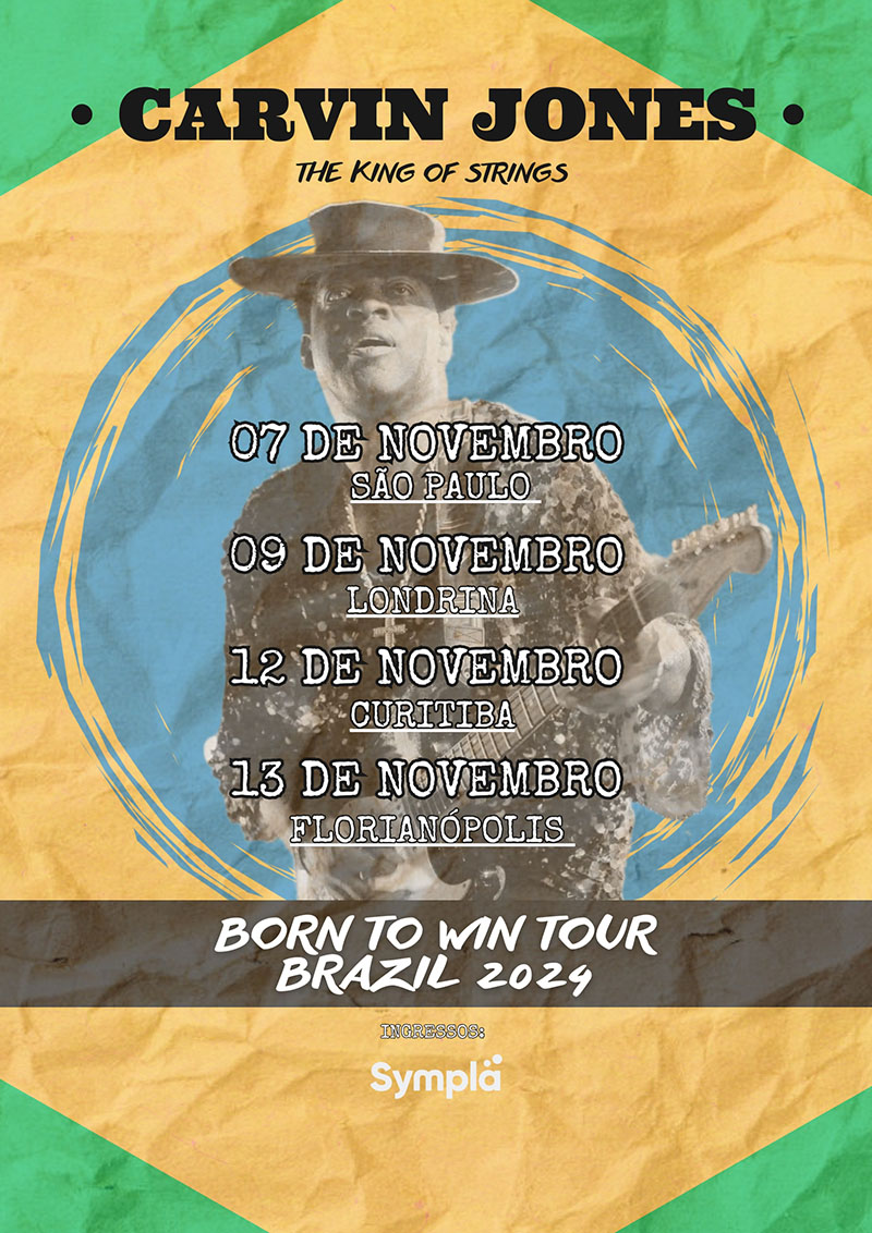 Arte colorida com foto de Carvin Jones de fundo com as datas dos shows no Brasil escritos em branco sobre a imagem