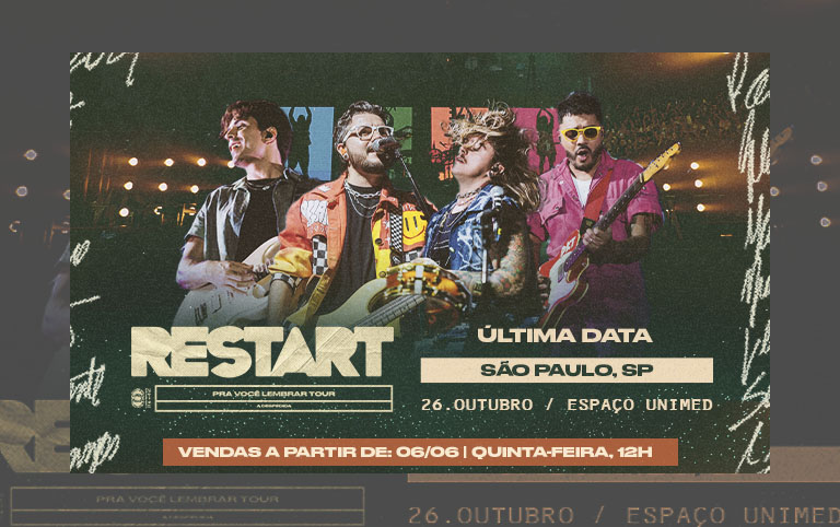 arte colorida com foto da banda restart para o show do dia 26 de outubro no espaço unimed