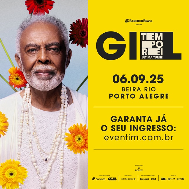 Fotografia colorida com arte de textos e datas do show de Gilberto Gil em Porto Alegre para a turnê Tempo Rei - Divulgação